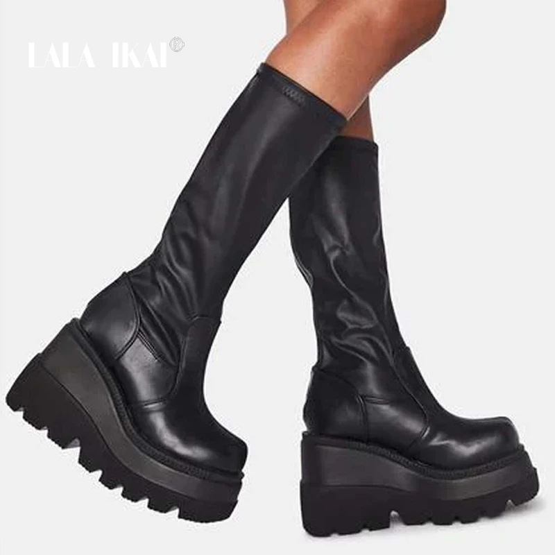 

LALA IKAI Ladies Fashion Platform Boot Chunky Heel Wedges Mid Calf Women Boots Brand Thick Bottom Motor Rider Winter Shoe