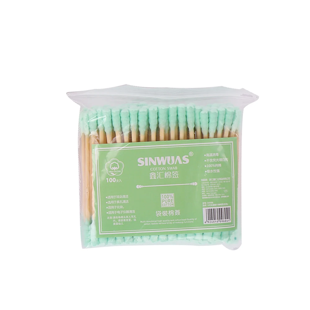 green(100PCS) 100 шт./упак. двойной головкой ватным тампоном для Для женщин Макияж ватным наконечником для деревянные медицинские палочки для носа, чистка ушей инструменты для здоровья - Цвет: green(100PCS)