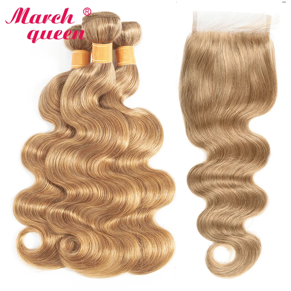 March Queen Honey Blonde Indian Human Hair Bundles With Closure #27 Body Wave 3 Bundles With 4x4 Lace Closure 150% Non-Remy Hair