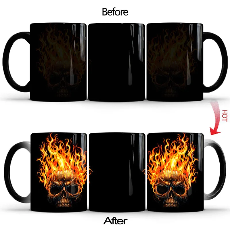 Fire on Skull Mug 350 мл огонь на череп Забавный пугающий Волшебная чашка, меняющая цвет креативная керамическая кружка для чая, кофе, молока термостойкая кружка Чувствительная чашка лучшие подарки - Цвет: Fire on Skull Mug