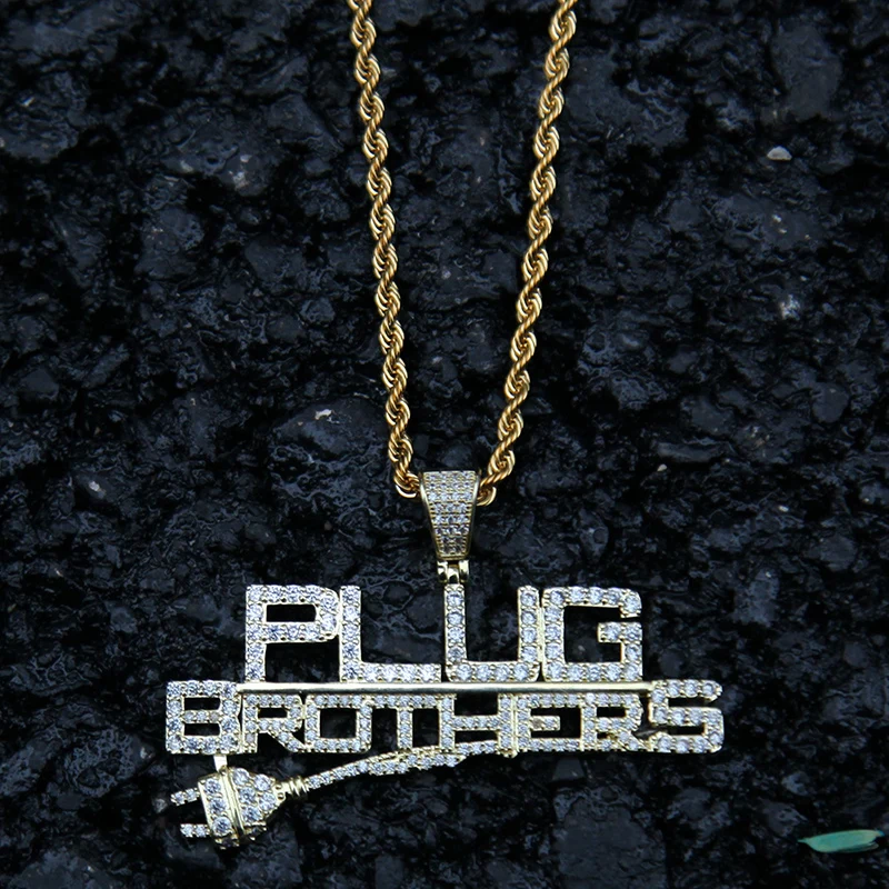 

Micro Paved AAA+ Cubic Zirconia Bling Ice Out Plug Brothers Pendants Necklaces for Men Hip Hop Rapper Jewelry Gold Color