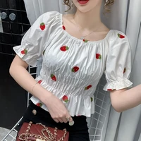 summer clothes for women strawberry embroidery kawaii white top korean fashion cute crop top t shirt y2k body short sleeve tees