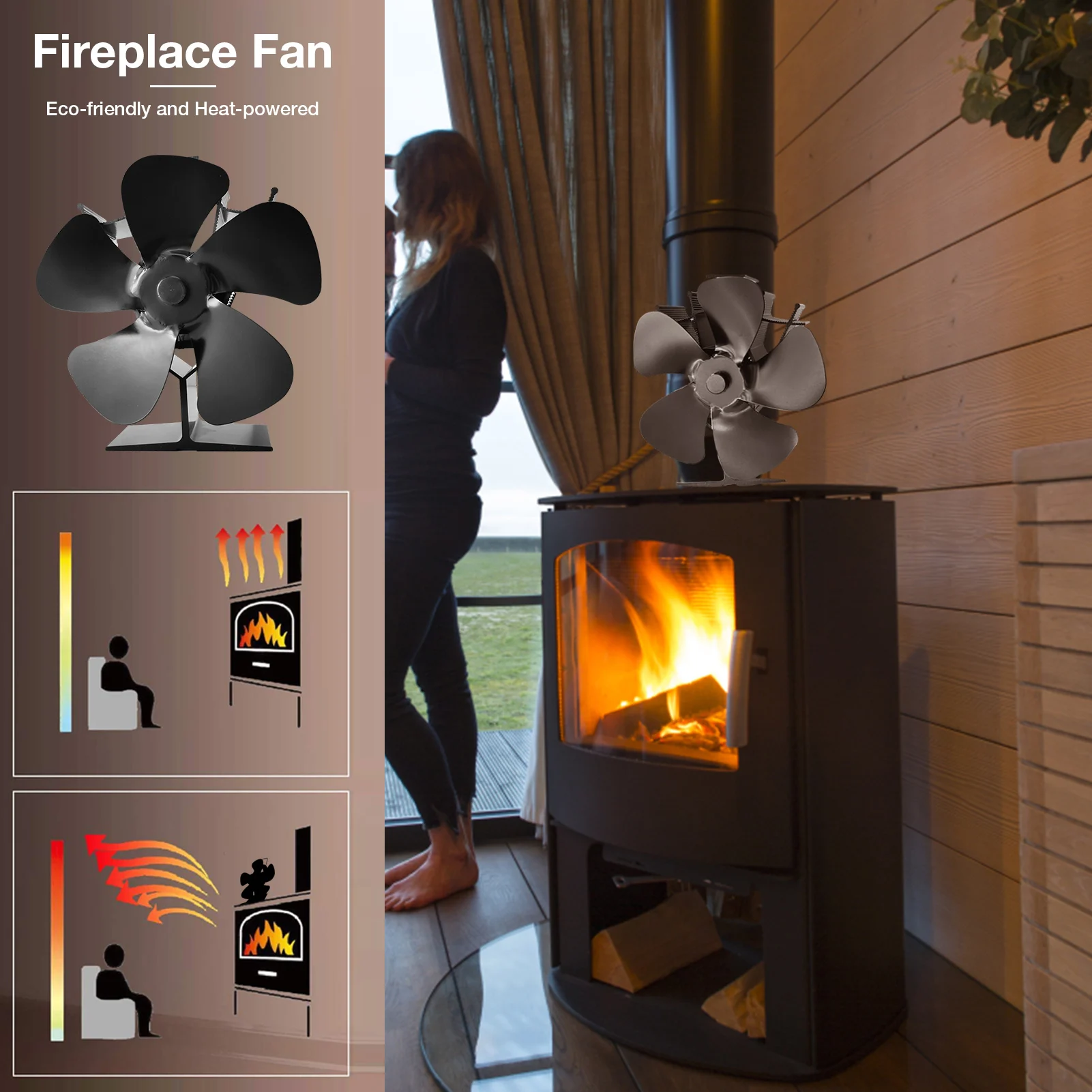

Wood Stove Fan Quiet Heat Powered Eco Fan 5 Blades Fireplace Fan Biger air volume antirust antiabrasion Overheat consistent