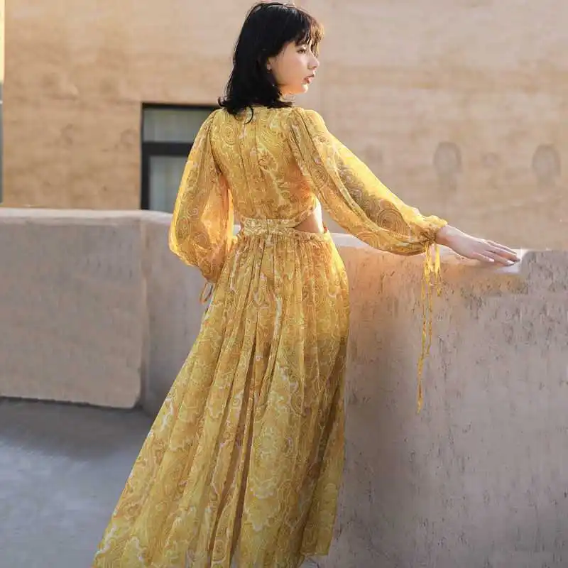Желтое платье для пляжа New Trip Shoot, бохемский стиль, этнический дизайн, из шифона, с открытым животом, с длинным рукавом и эффектом сужения.
