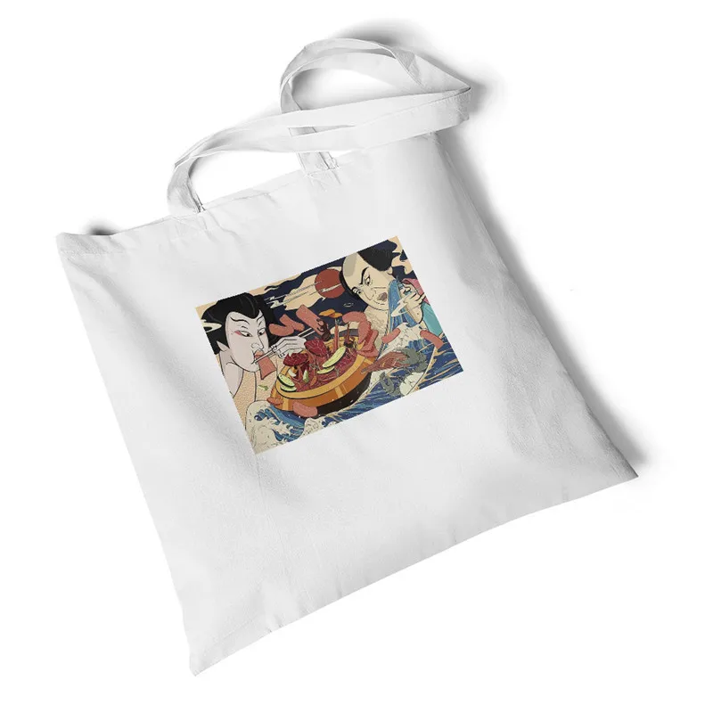

Focal20 Streetwear Ukiyoe Printed Women Canvas Bag Large Foldable Travel Handbags Environmental Casual Shopping Bag Shoulder Bag