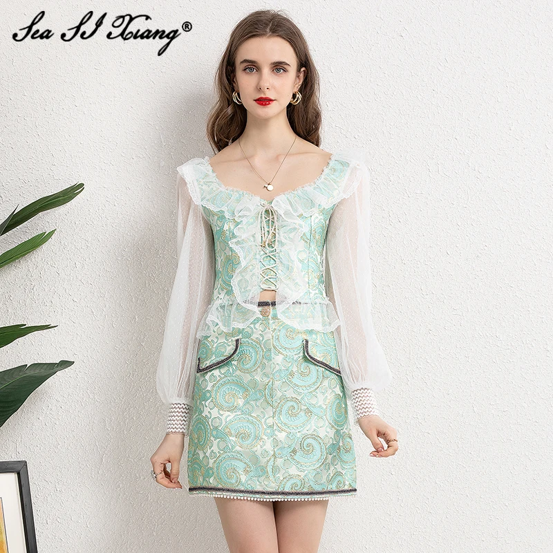 

Seasixiang Fashion Designer Summer Suit Women Square Collar Lantern Sleeve Lace Tops + Skirt Indie Folk Jacquard Two Piece Set