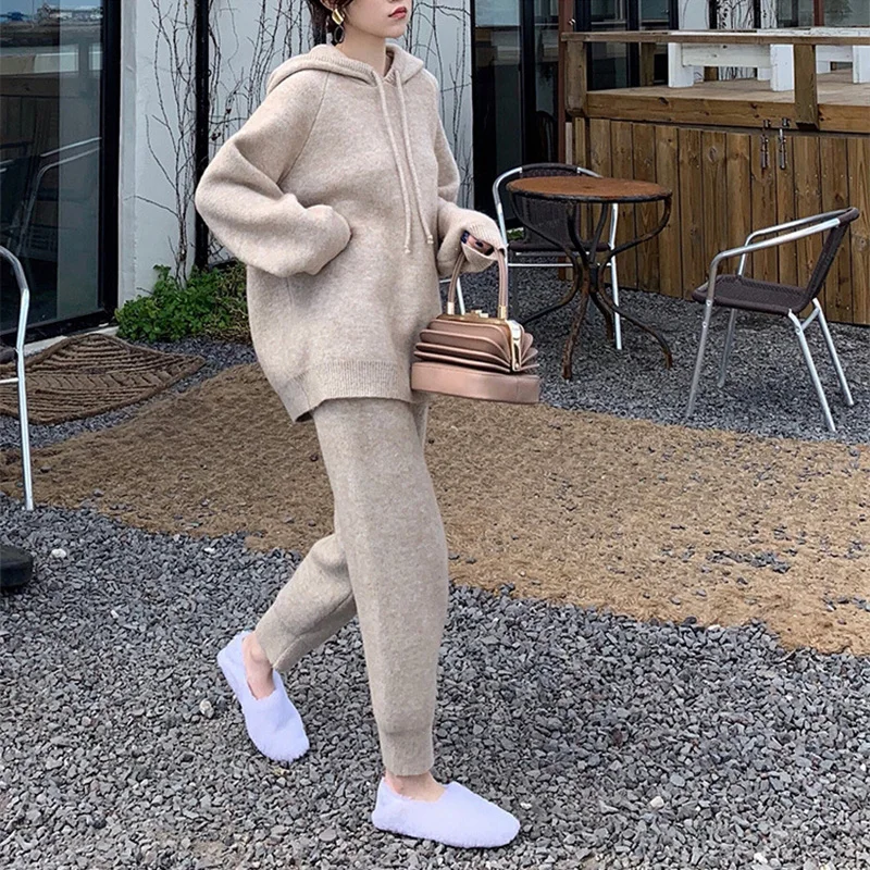 

Women 2022 Spring Autumn New Knitted Two Piece Tracksuits Female Thicken Hooded Sweater and Harem Pants 2 Piece Set Outfits D104
