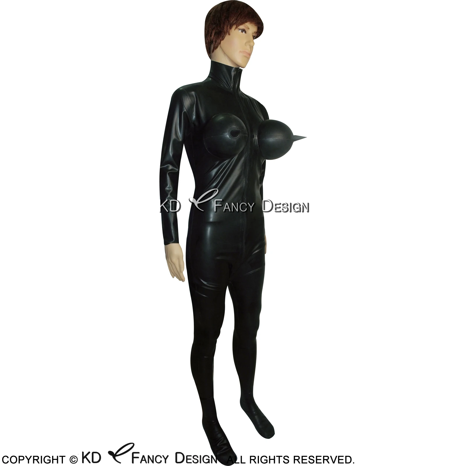 

Black Sexy Latex Catsuit With Inflatable Breasts Feet Socks Front Zipper Rubber Bodysuit Overall Zentai Body Suit LTY-0108