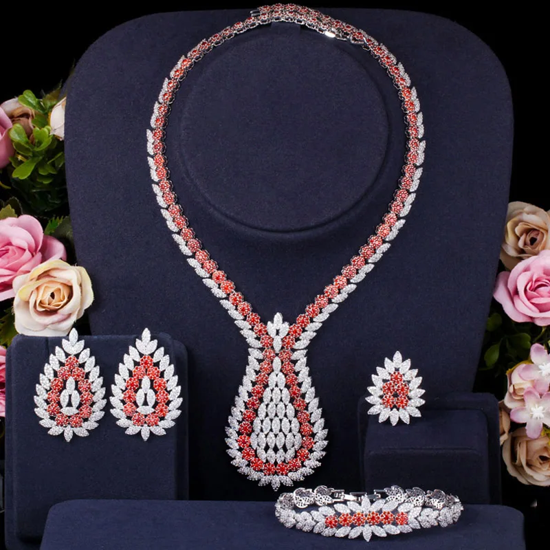 Серьги-подвески женские с белым и красным фианитом 4 шт. | Наборы украшений