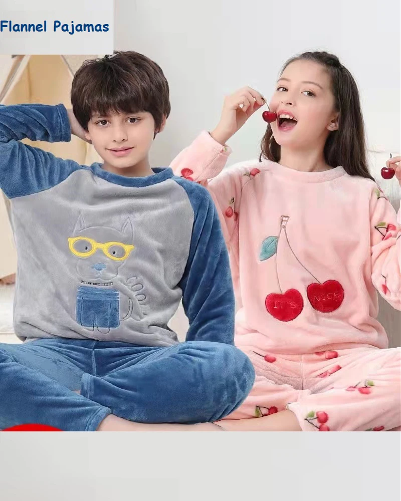 Pijamas de franela con dibujos animados para ni&ntilde;os y ni&ntilde;as, conjuntos de ropa de casa suave y c&oacute;moda, ropa c&aacute;lida de invierno, 120-160cm-0