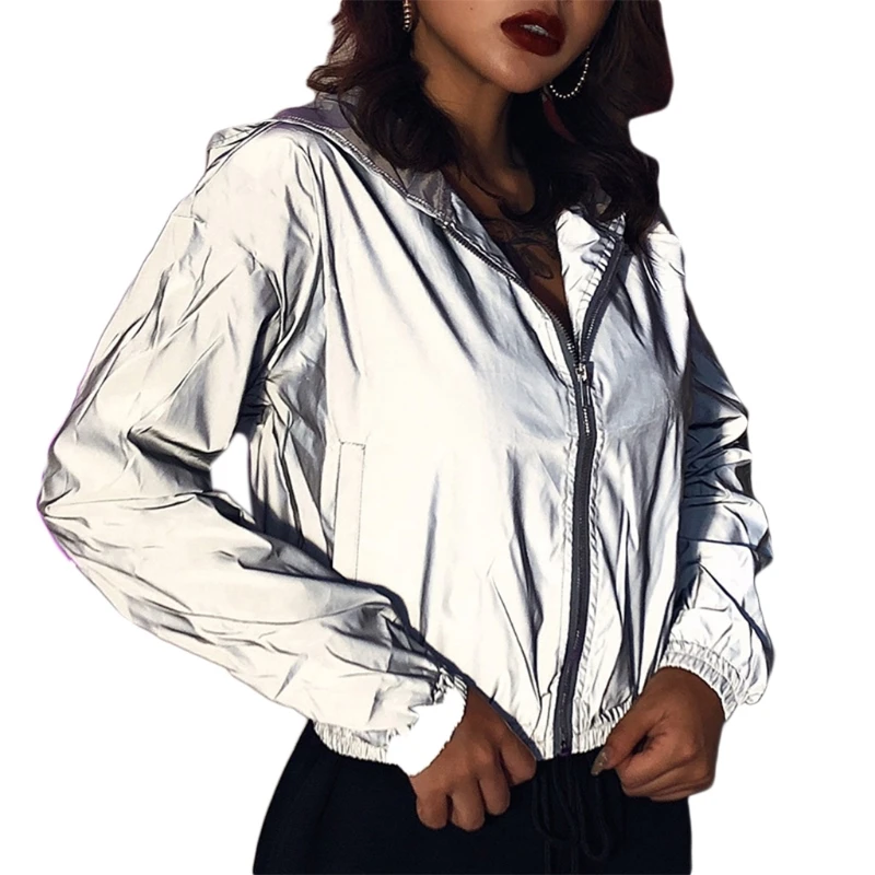 

Women Reflective Long Sleeve Hoodie Jacket Night Shiny Zip Crop Sweatshirt Coat N58F