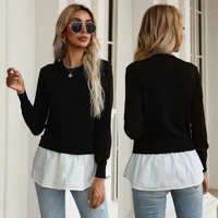 2021 autumn new product stitching slim slimming knitted stitching shirt fake two sweater women black white contrast color