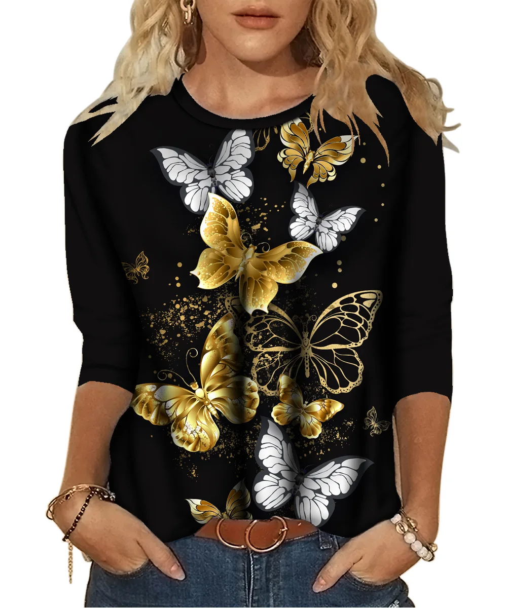 

2021 Autumn Casual Women's Clothes Fashion Print T-shirt Round neck Long-sleeved Ladies Tees New Tops 3XL