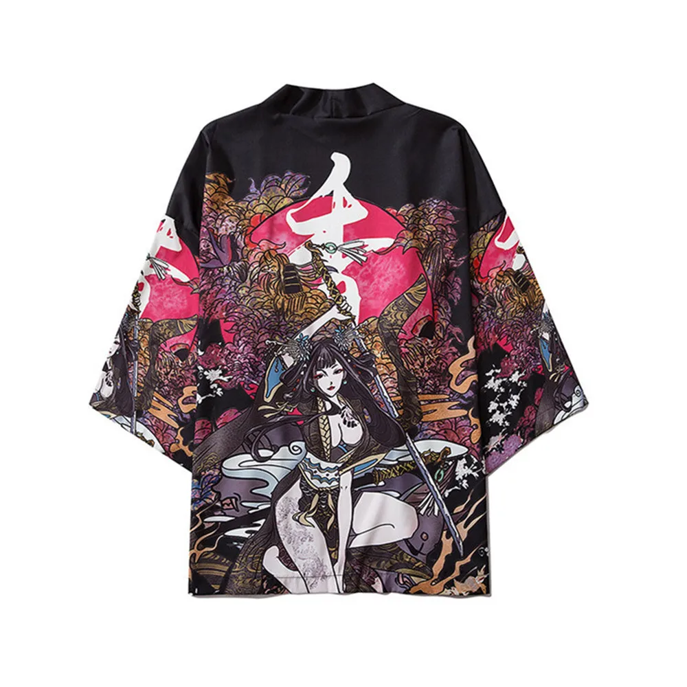 Японский Kimonos Харадзюку Мужская аниме печать Свободная рубашка женский кардиган
