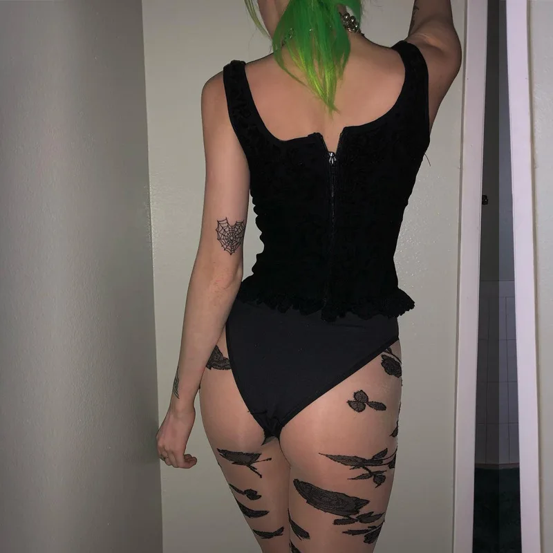 

Black Bandage Close-fitting Tank Tops Vintage Lace Women Tank Top Streetwear Sleeveless Sext Mesh Ruch Ruffle Tops