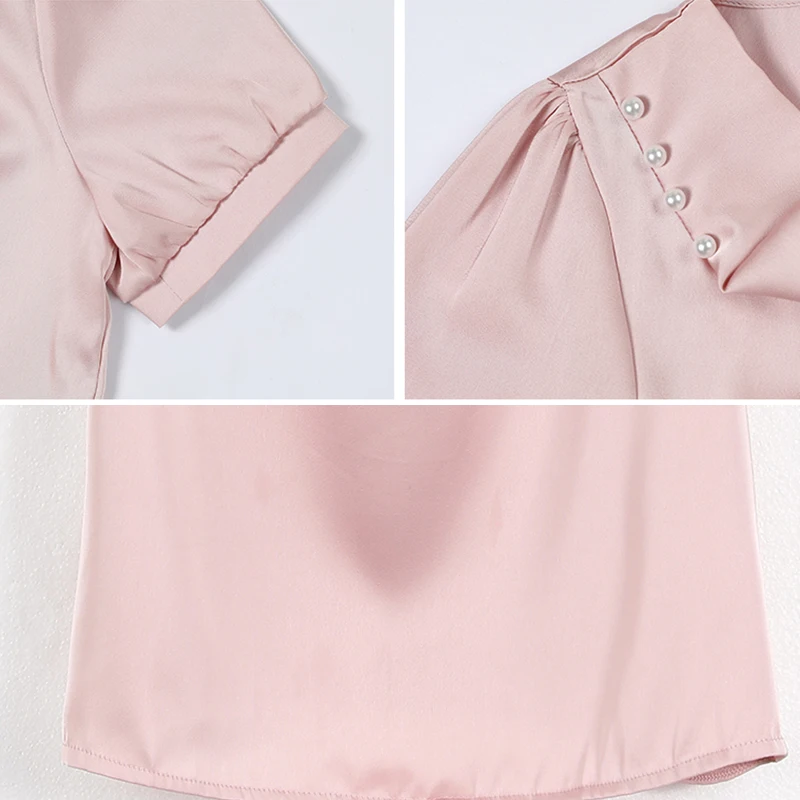 

Pile Collar Beading Ladies Shirts Korean Elegant Chiffon Shirt Loose Slim Blouse Women Short Sleeve Tops Blouse Summer 2021 New