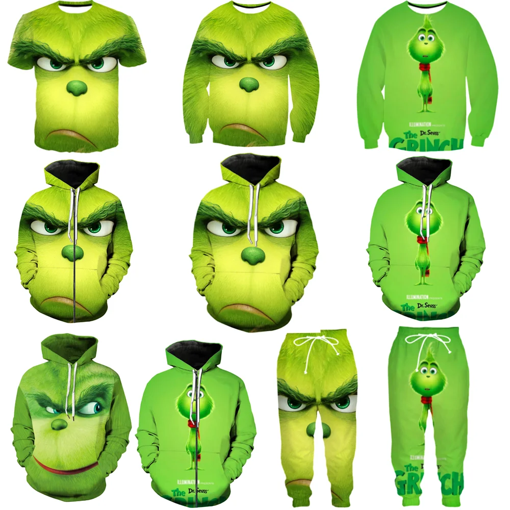 Толстовка Grinch 3D с капюшоном, Толстовка для мужчин и женщин, забавная толстовка на молнии, Рождественские толстовки Grinch, пальто с рисунком, спортивный костюм