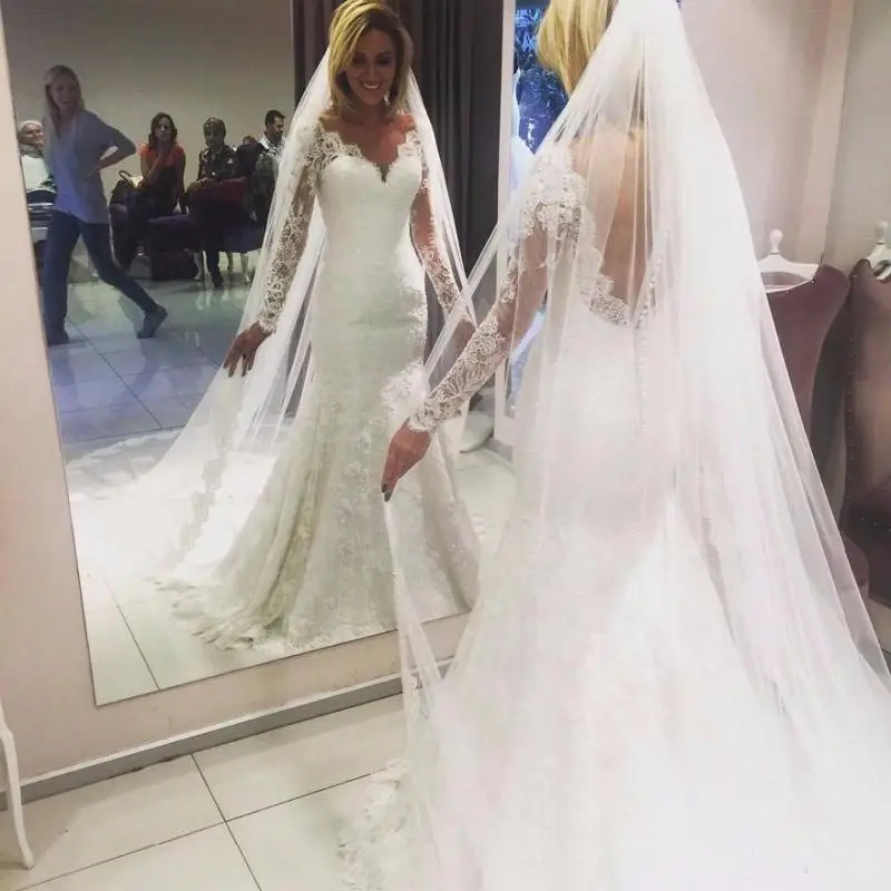 

Wedding Dresses Arabic 2020 Mermaid Sweetheart Full Lace Appliques Illusion Sweep Train Sheer Long Sleeves Backless Formal Brida
