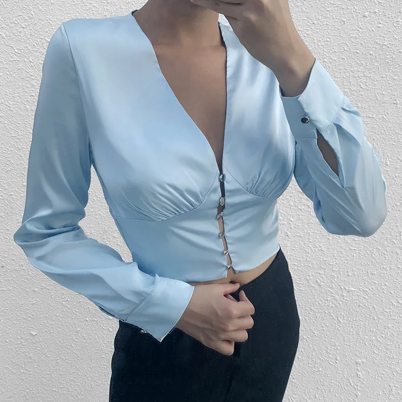 

European and American Sexy Shirt 2019 Woman's New Button Deep V-bottom Shirts Pure Color Deep V Neck Blouse Women Roupa Feminina