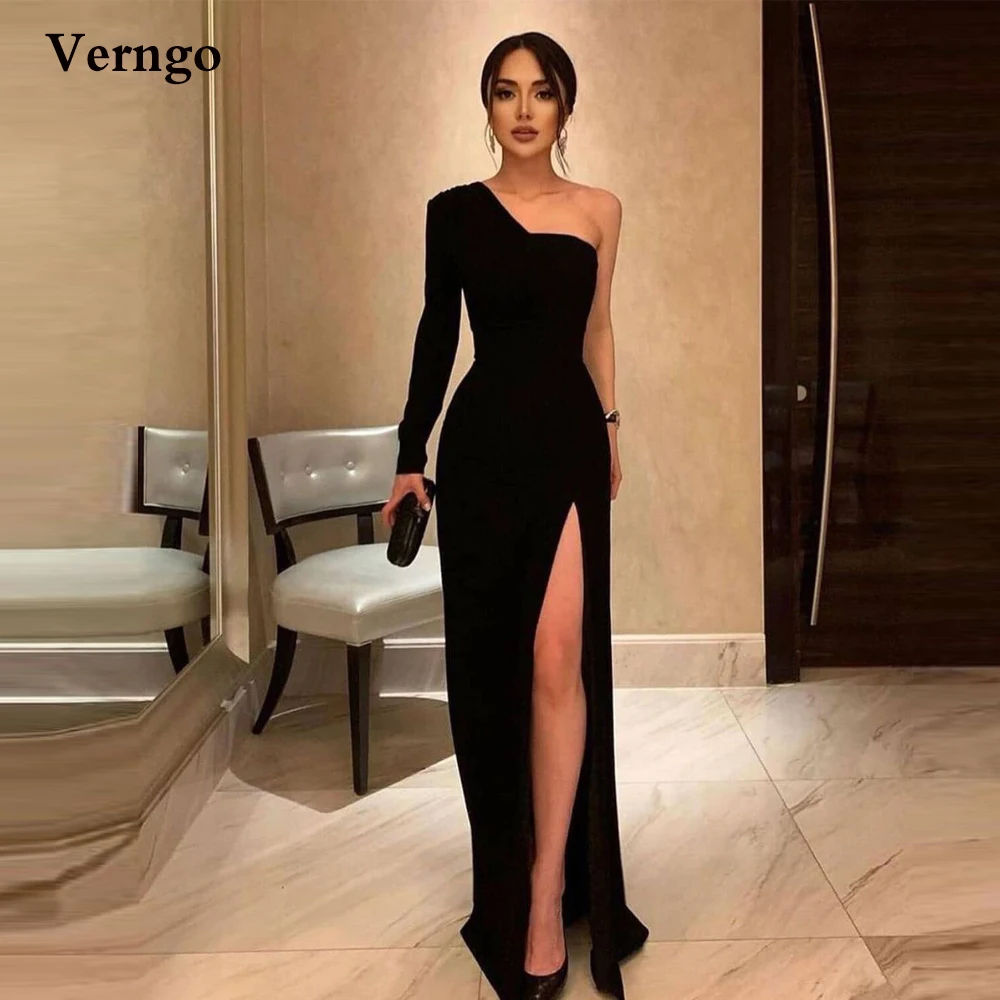Verngo Simple Black One Shoulder Evening Dress Long Sleeve Elastic Satin Side Slit Formal Party Dresses Maix Gowns | Свадьбы и