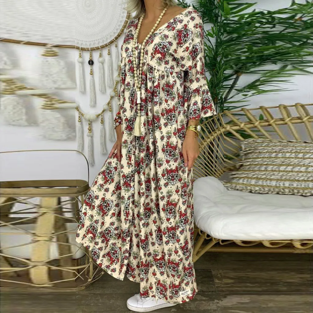 Женское свободное платье с длинным рукавом и V образным вырезом|Женские платья| |