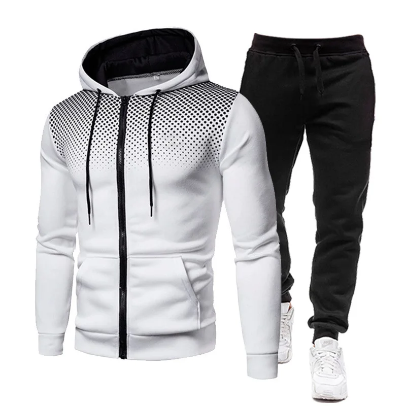 

New Dot Zipper Hoodie Sets Men's 2021 Fall/Winter Casual Sweatshirt Top And Black Casual Pants 2-Piece Streetwear Set