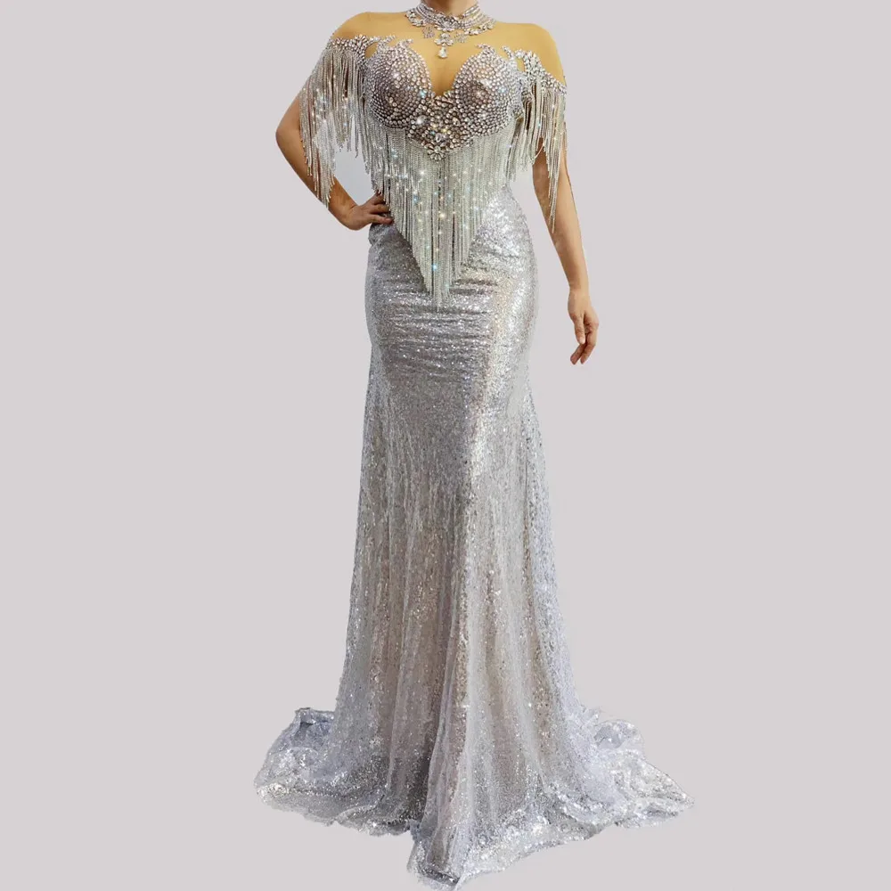 

2 Style Silver Sequin Rhinestone Evening Long Dress Women Slim Sexy Wedding Bride Crystal Tassel Dress Singer Stage Costumes