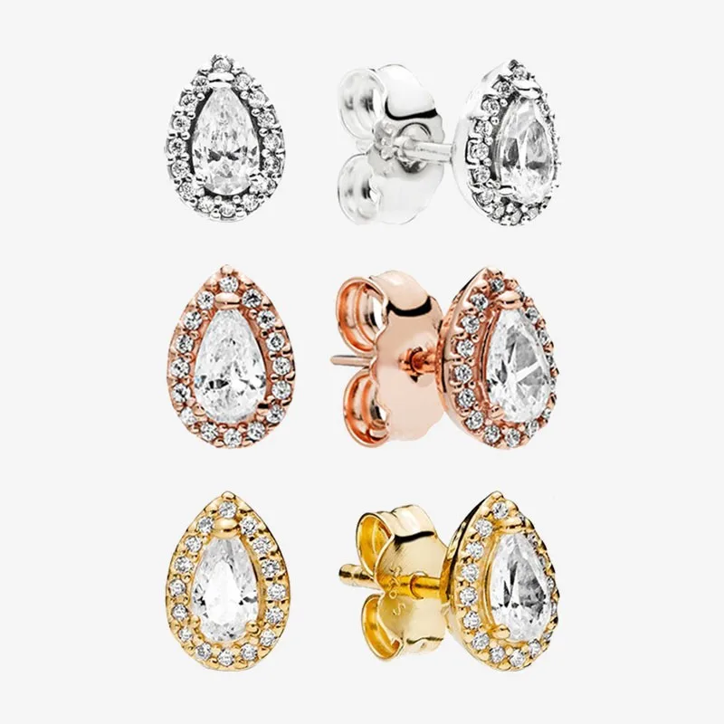 

Authentic S925 Sterling Silver Glittering Cz Rose Gold Tear Ear Stud Women's Fashion Silver Ear Ring Jewelry Gift