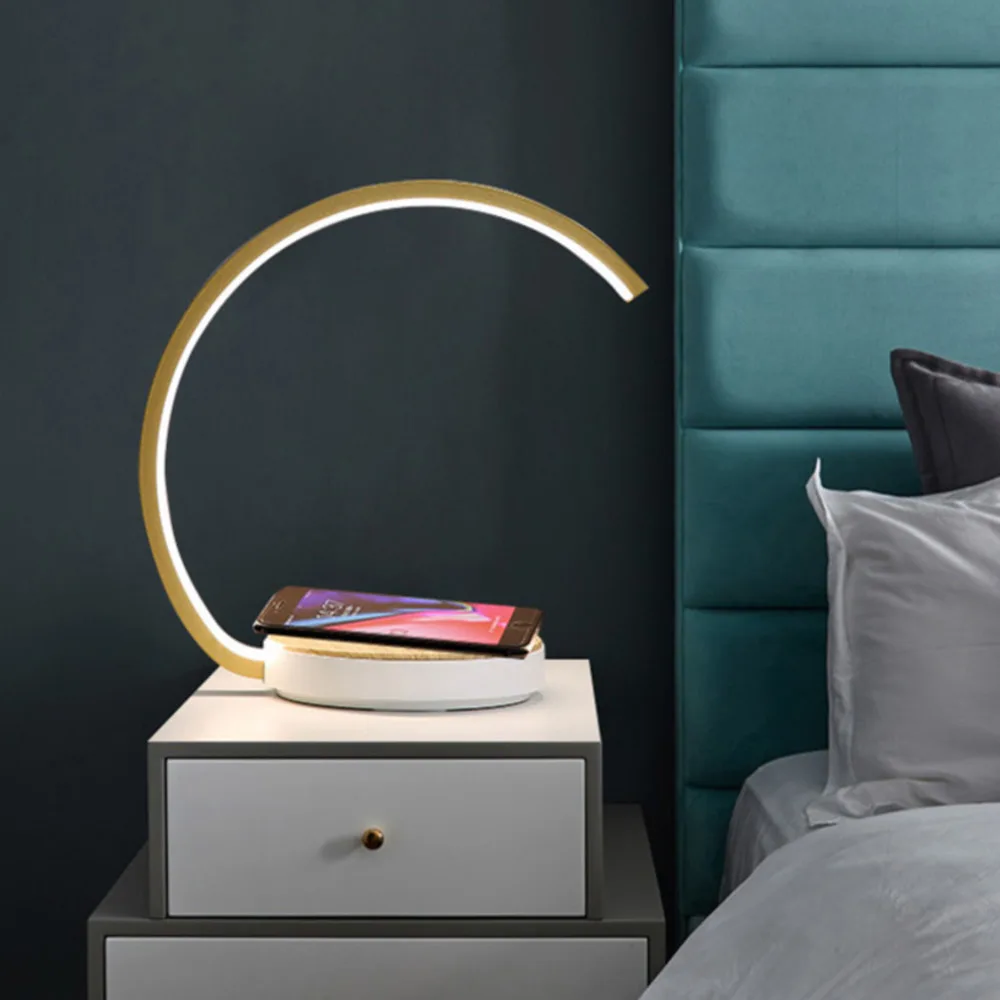 

Wireless Charging Table Lamps For Bedroom Reading Light Bedside Study Eye Protect White Gold Frame Touch Dimming Lighting Techo