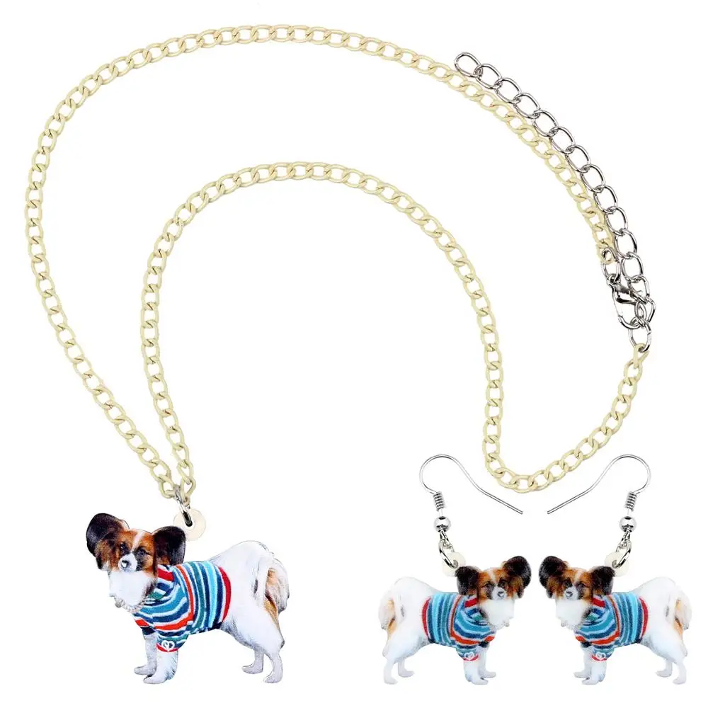 Bonsny Acrylic Colorful Striped Coat Papillon Dog Necklace Earrings Jewelry Sets Cartoon Decoration Girl Fashion charm Gift | Украшения и