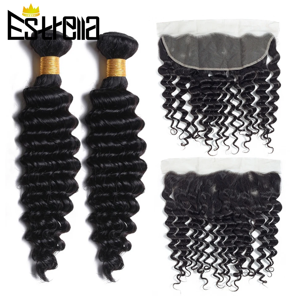 Бразильские волнистые волосы 2 пучка с 13x4 уха Фронтальная застежка человеческие