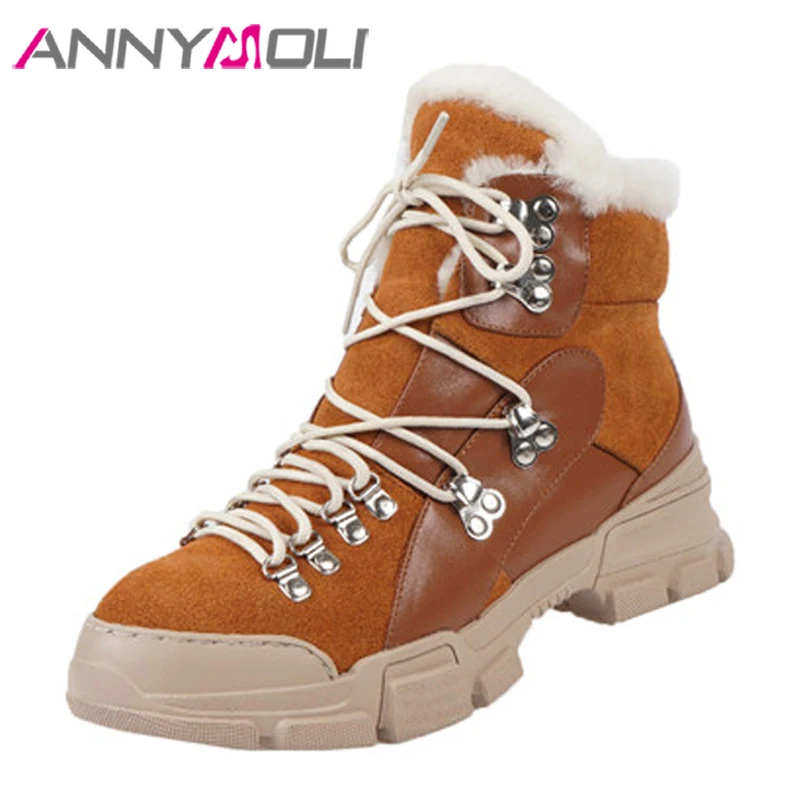 

ANNYMOLI Real Leather Platform Mid Heel Ankle Boots Women Snow Boots Shoes Rivet Lace Up Block Heels Short Boots Winter Yellow