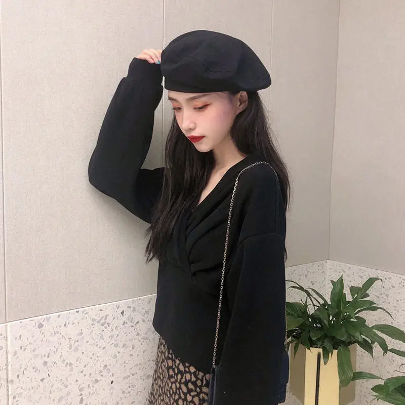 

New Solid Color Long Sleeve Retro V-neck Top Women's Spring Korean Design Loose Pullover Thin Sweater