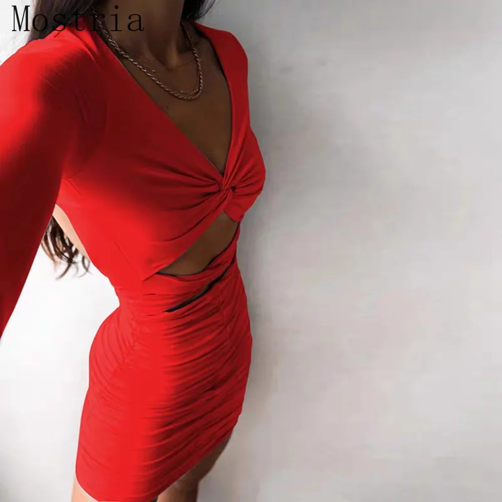 

Summer Women's Dress 2021 Bodycon Pleated Slim A-line Skirt V-neck Low-cut Hollow Long Sleeve Hip Party Dresses