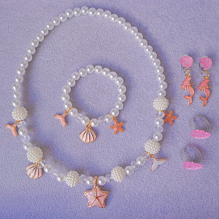

Children Imitation Pearl Necklace Bracelet Ear Clip Ring Set Mermaid Series Accessories Color Bead Set Christmas Gifts for Girls