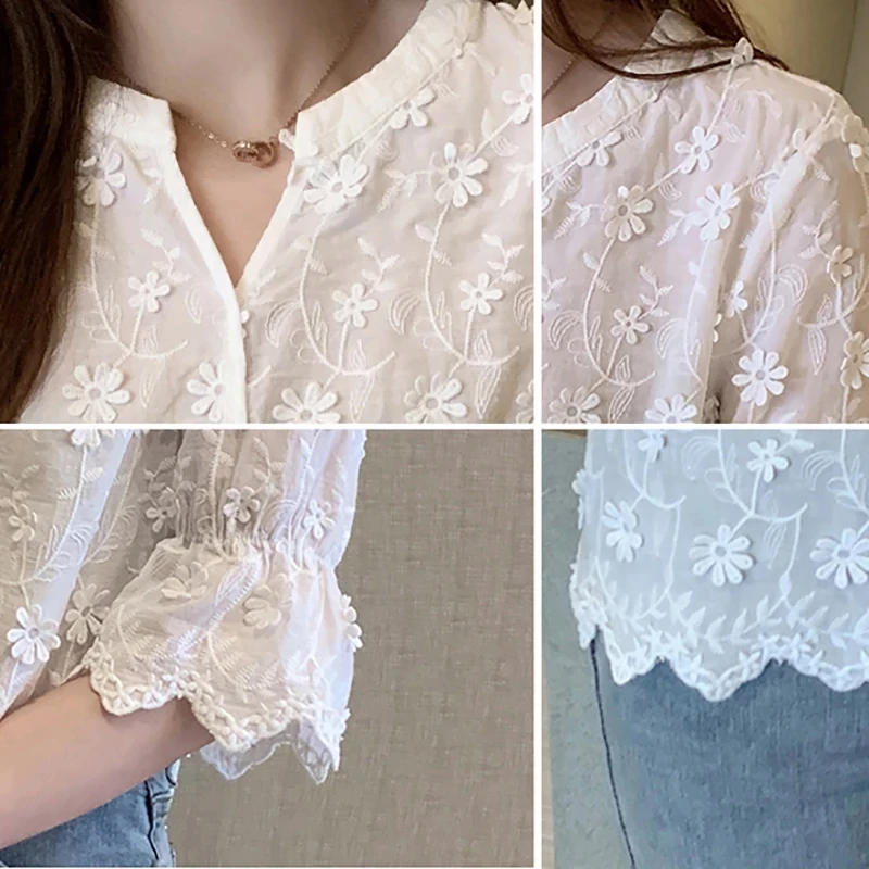 Vetement Femme Lace Blouse womens tops and blouses blusas mujer de moda 2018 Hollow Out Flowers Cotton Korean White Shirt 5XL | Женская