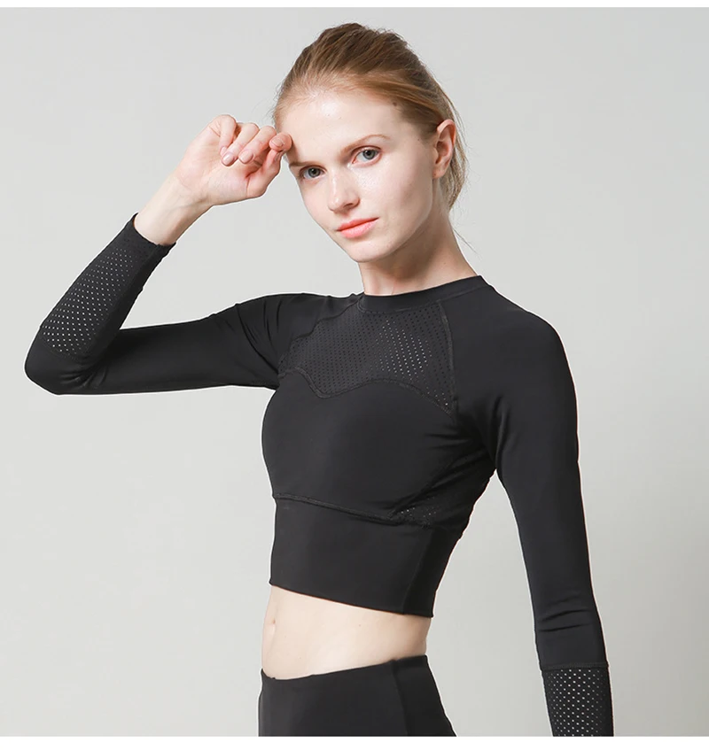 Women Seamless Long Sleeve Crop Top Yoga Athletic Gym Mesh Shirts Running Training Fitness Workout Top Quick Dry Active Shirts