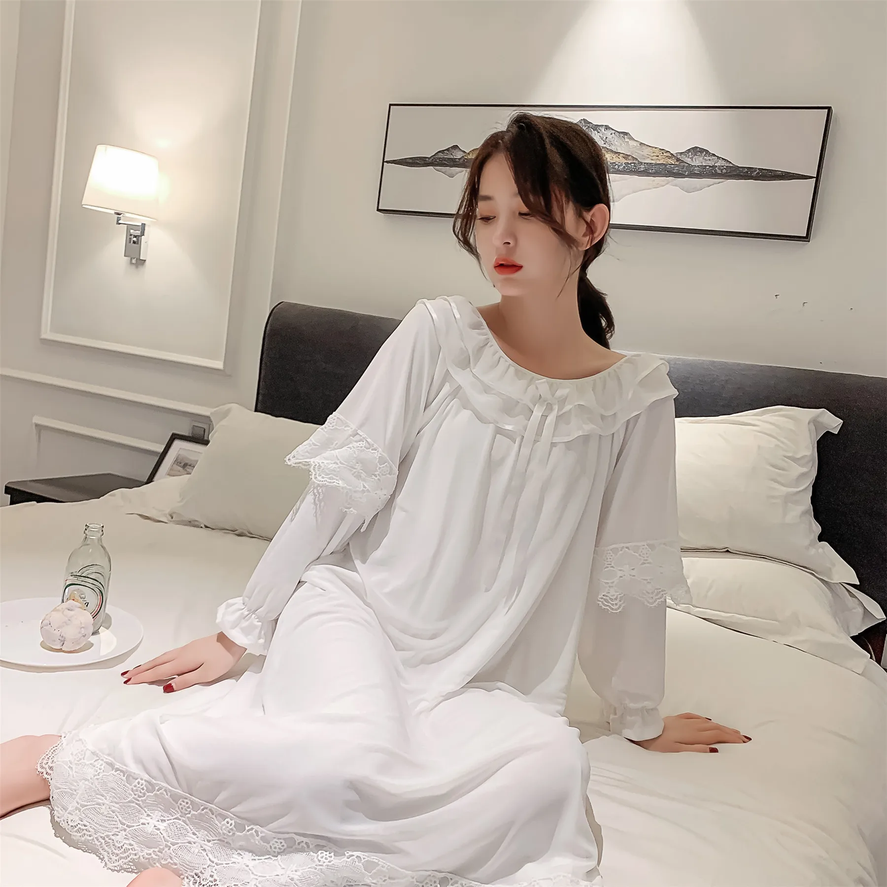 Nightdress Women's Spring Summer Long Sleeve Pure Color Princess Style Sweet Court Yarn Mesh Lace Sexy Nightgown Home Clothes