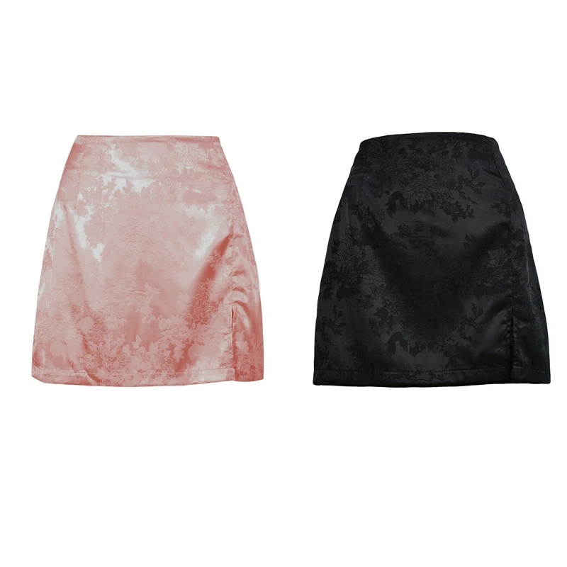 

2Pcs Women's Summer Elegant Jacquard Satin Short Skirt Sexy High Waist Skirt Retro Zipper Skirt,Pink & Black S Size
