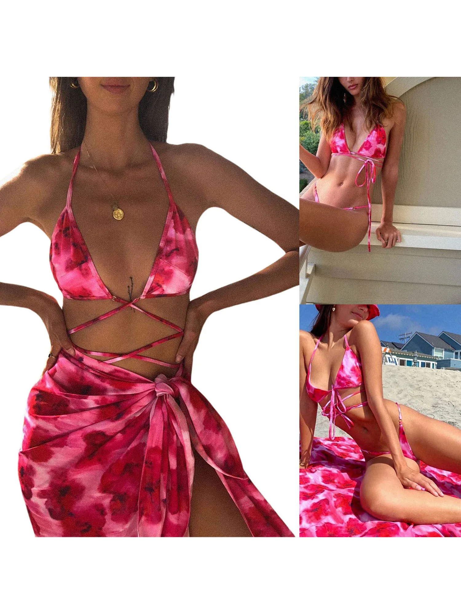 

3 шт., Женский комплект бикини раздельный стиль с глубоким V-образным вырезом