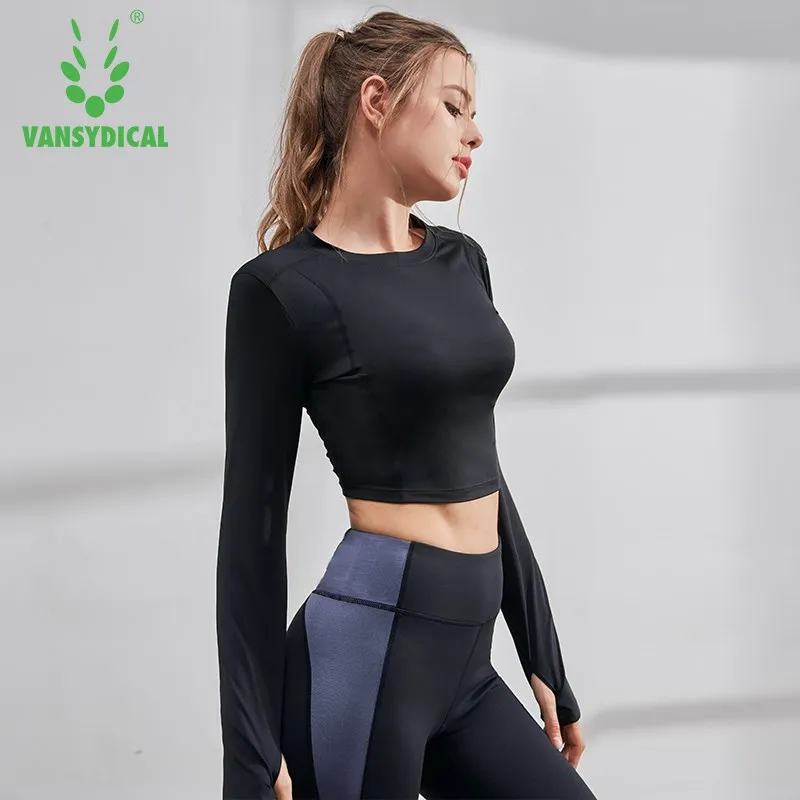 

Sexy Exposed navel Yoga Shirts Women Long Sleeve Running Jogging Tees Quick Dry Workout Gym T-shirts Vansydical 2019