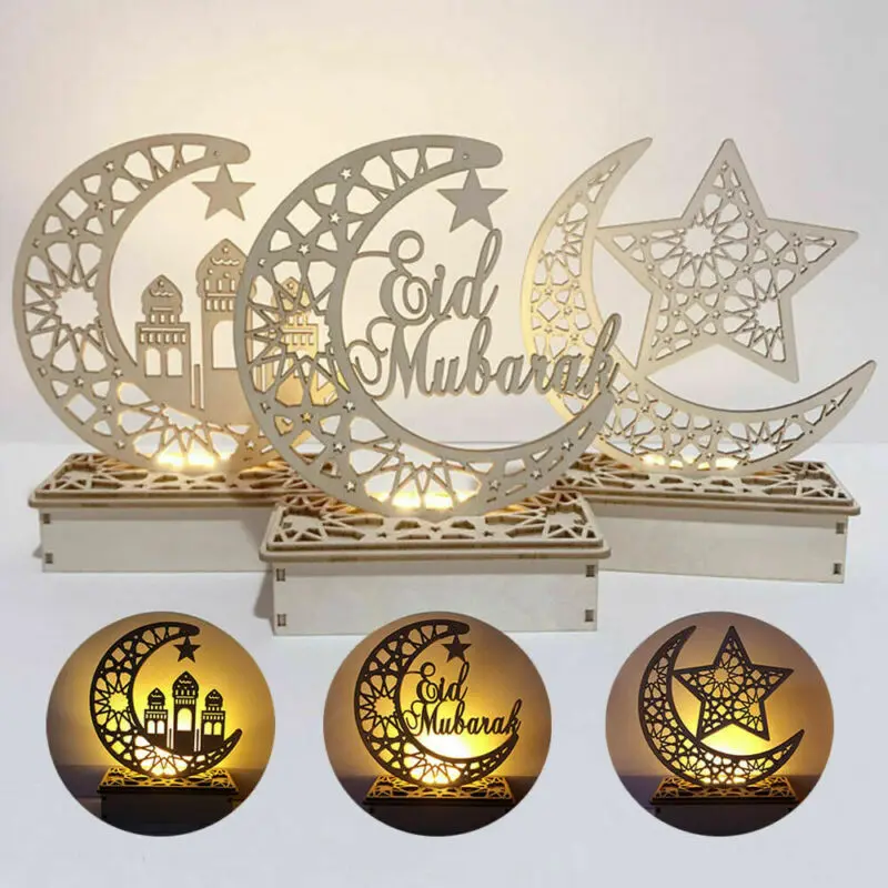 

Светодиодсветодиодный деревянная табличка Eid Mubarak Луна Звезда Рамадан украшение мусульманский Декор подарок