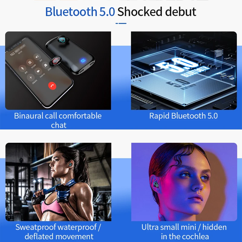 T66 беспроводные V5.0 Bluetooth наушники HD стерео спортивные водонепроницаемые 6000 мАч