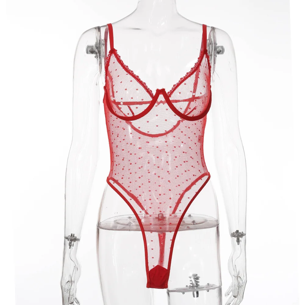 

Women Red See Through Body Suits for Femme Sexy Babydoll Lingerie V Neck Lace Mesh Bodysuit Nightwear Intimates Exotic Costumes