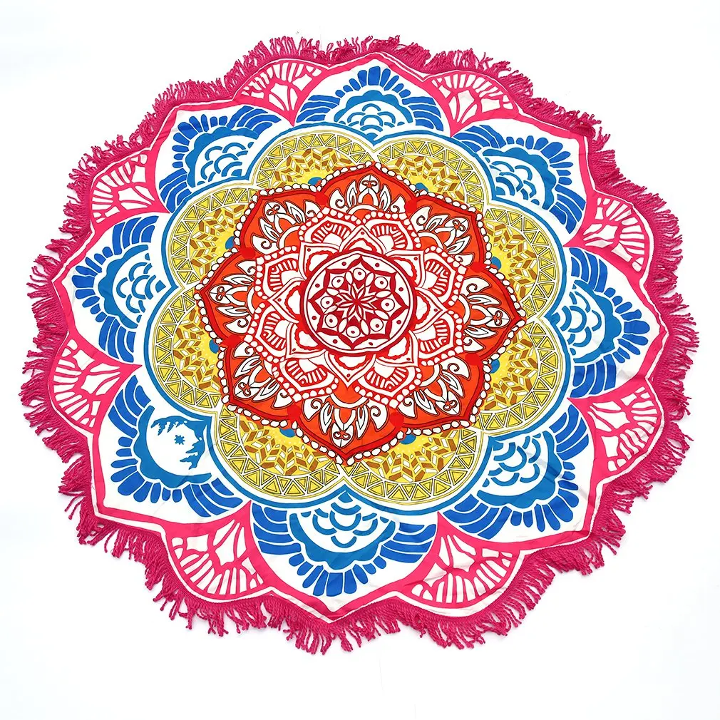 

Yoga Mat Round Towel Tapestry Tassel Decor With Flowers Pattern Circular Tablecloth Picnic Mat
