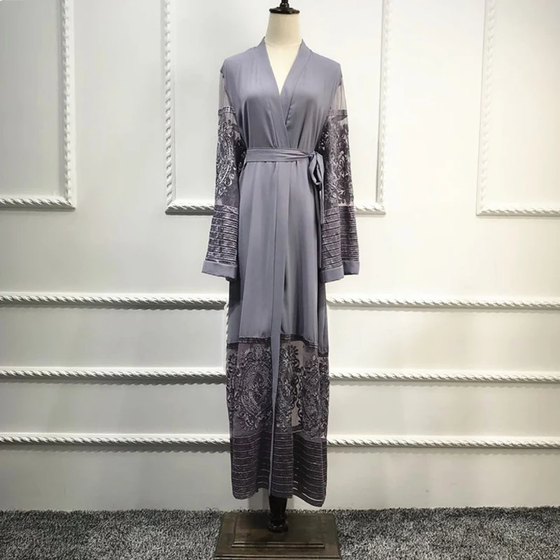 Размера плюс бархатная кружевная сетчатая кимоно Mujer длинная Abaya Дубай Бохо