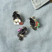 gothic crow raven animal enamel pin birds skull moon flowers brooch bag lapel pins punk badge jewelry gift for friends wholesale