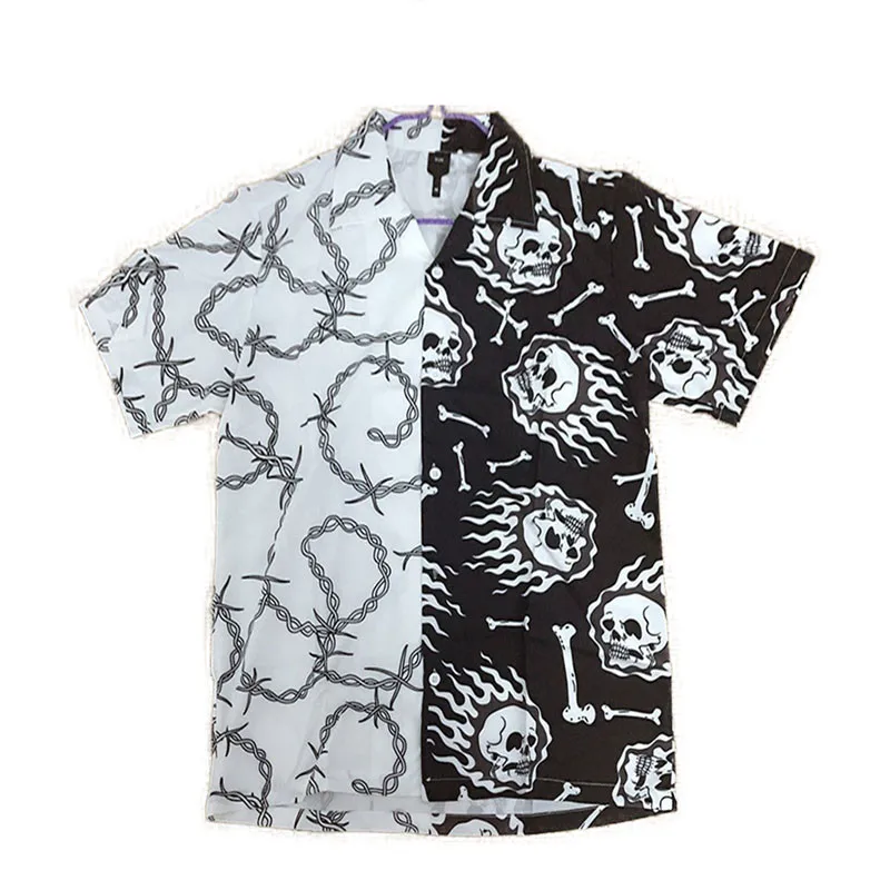 Black White Patchwork Vintage Shirt New Summer Men Hawaiian Short Sleeve Shirt Mens Casual Print Beach Shirts Man Oversized Hemd