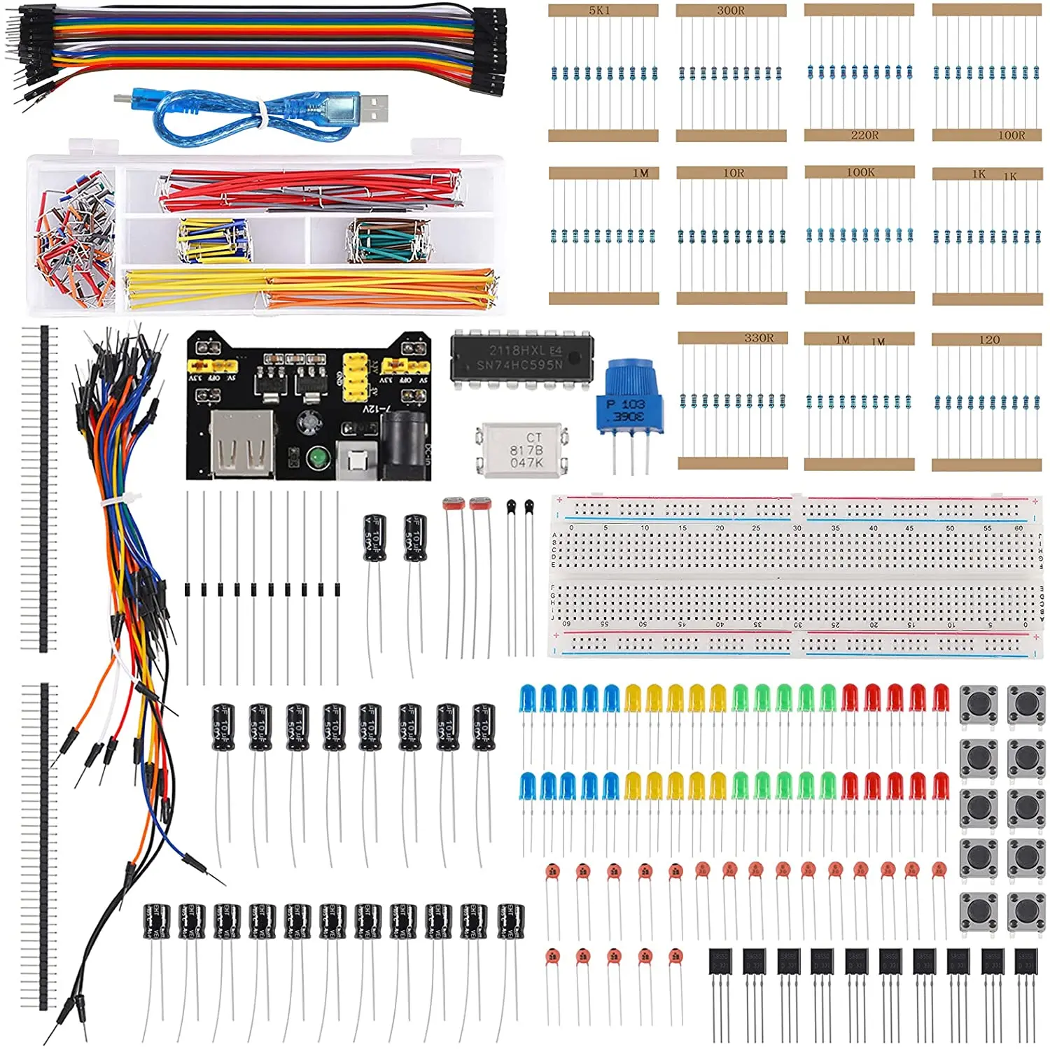 Electronics Component Fun Kit Power Supply Module Jumper Wire 830 Pin Breadboard Precision Potentiometer Resistor for Arduino