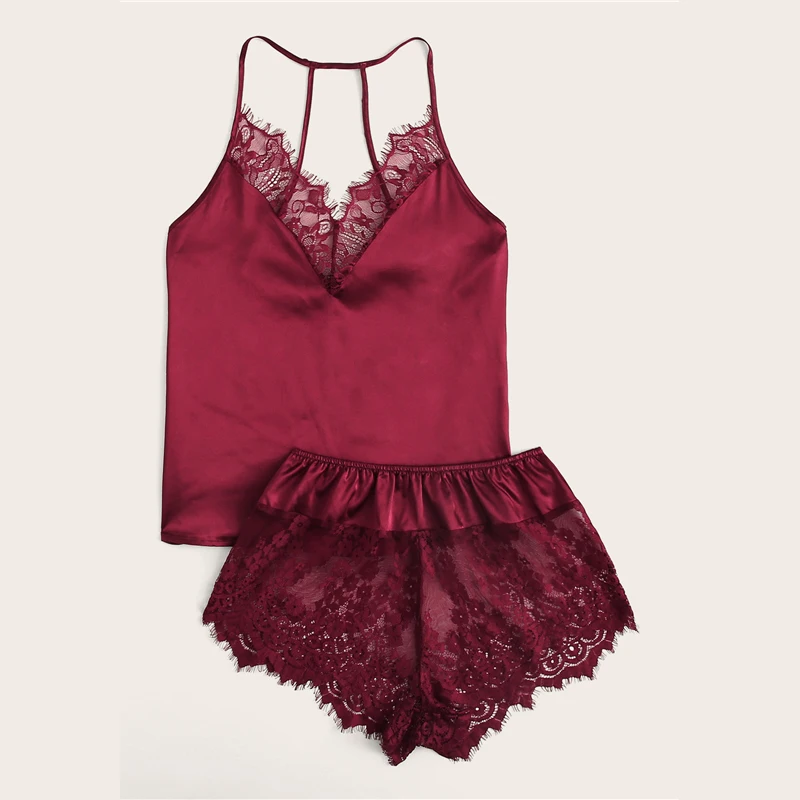 SHEIN Атласный Топ На Бретелях С Кружевом И Шорты Пижама Комплект Женский Розовый Летний Сексуальный Комплект Пижамы